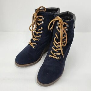 780 TOM TAILOR Navy Blue Lace up Women Ankle Wedge Booties‎ Size 41 or 8 in US